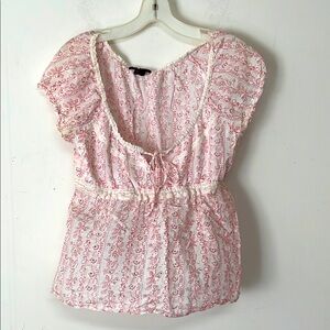 🌞 Takara Vintage Sheer Babydoll Top Pink Floral Print perforated holes L